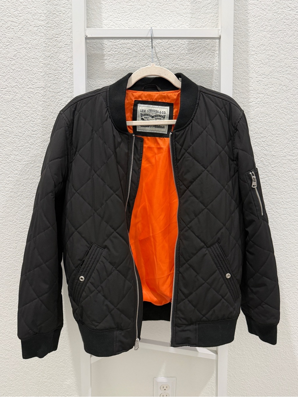 Levi's Black Quilted Bomber Jacket with Bright Orange Lining